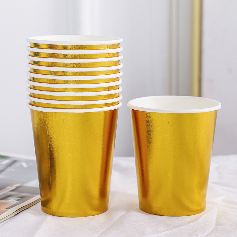 Vaso de papel desechable chapado en oro de Color sólido para decoración de fiesta, vaso de papel para té de la leche y café recubierto de doble capa