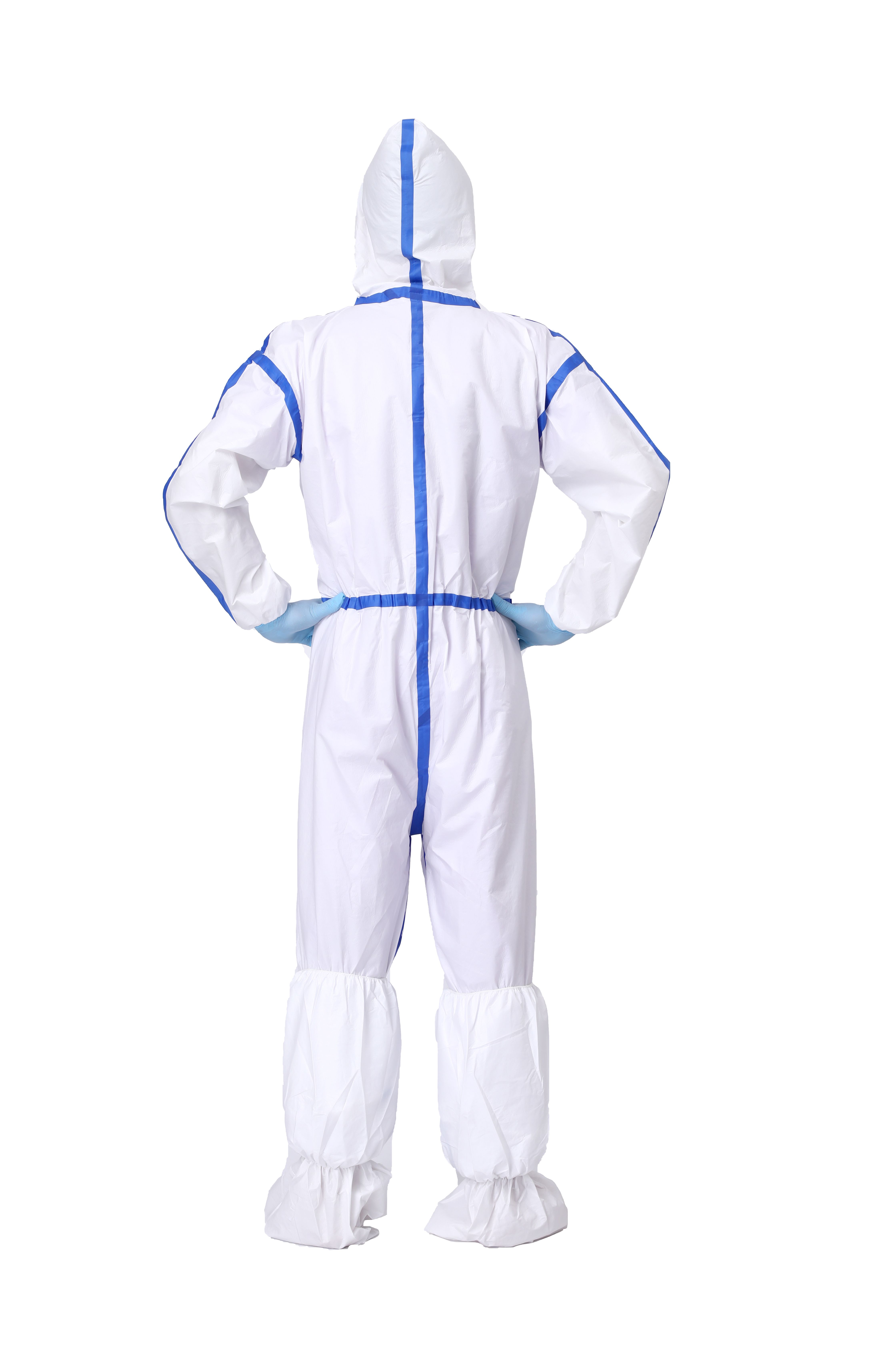 Medtecs Trajes Hazmat - 6 opciones de tamaños (1 PC) - con cinta sellada - Traje de PPE desechable AAMI nivel 4 para protección química contra riesgos biológicos - Ropa protectora de cuerpo completo CoverU con capucha |l