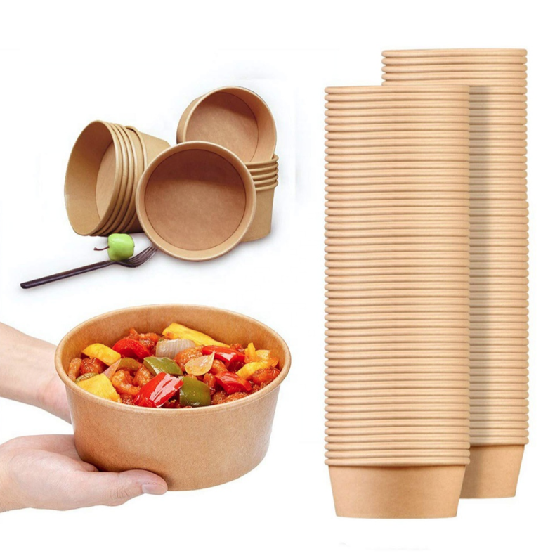 Ensaladera biodegradable, respetuosa con el medio ambiente, con revestimiento de PLA, papel Kraft, ensaladera de 32oz con tapa de plástico, embalaje personalizado, color personalizado