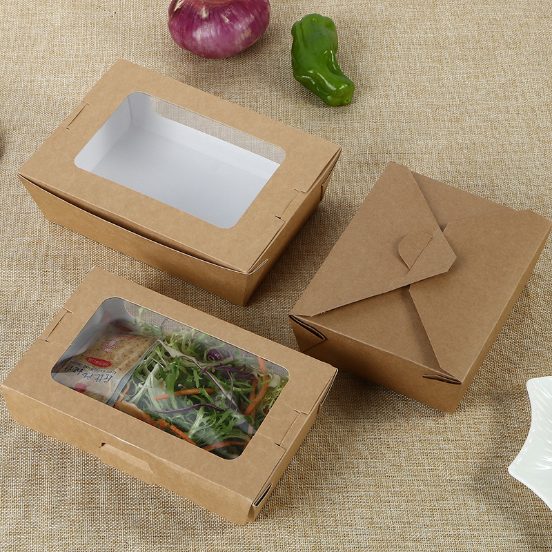 Restaurante mayorista Ensalada de papel Kraft Envasado de alimentos Caja para llevar con ventana de Pvc