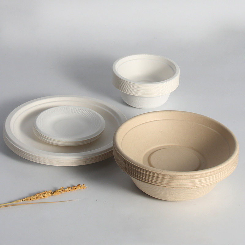 Juego de vajilla compostable, recipiente de comida de bagazo de caña de azúcar Biodegradable, tazón de sopa y cuchara, forma redonda Natural o blanca